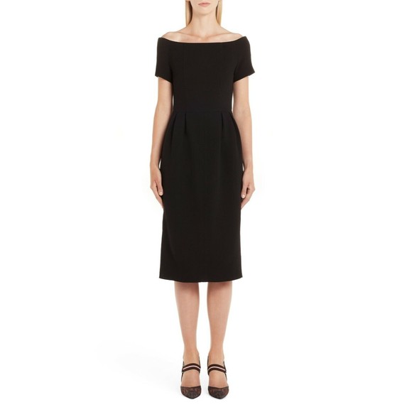 Fendi Dresses & Skirts - FENDI Roma Black Off Shoulder Crepe Wool Pleated Waist Midi LBD Dress 42 6US NEW